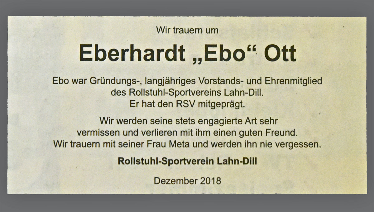 RSV trauert um sein Ehrenmitglied Eberhard Ott